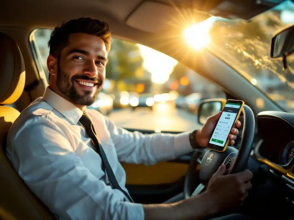 Professionele taxichauffeur in gele taxi houdt smartphone met sollicitatie-app vast, gouden zonlicht door voorruit