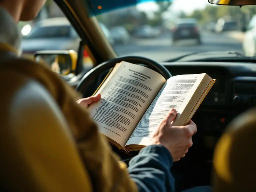 Taxichauffeur bestudeert examenboek achter het stuur in gele taxi, ochtendlicht valt door voorruit