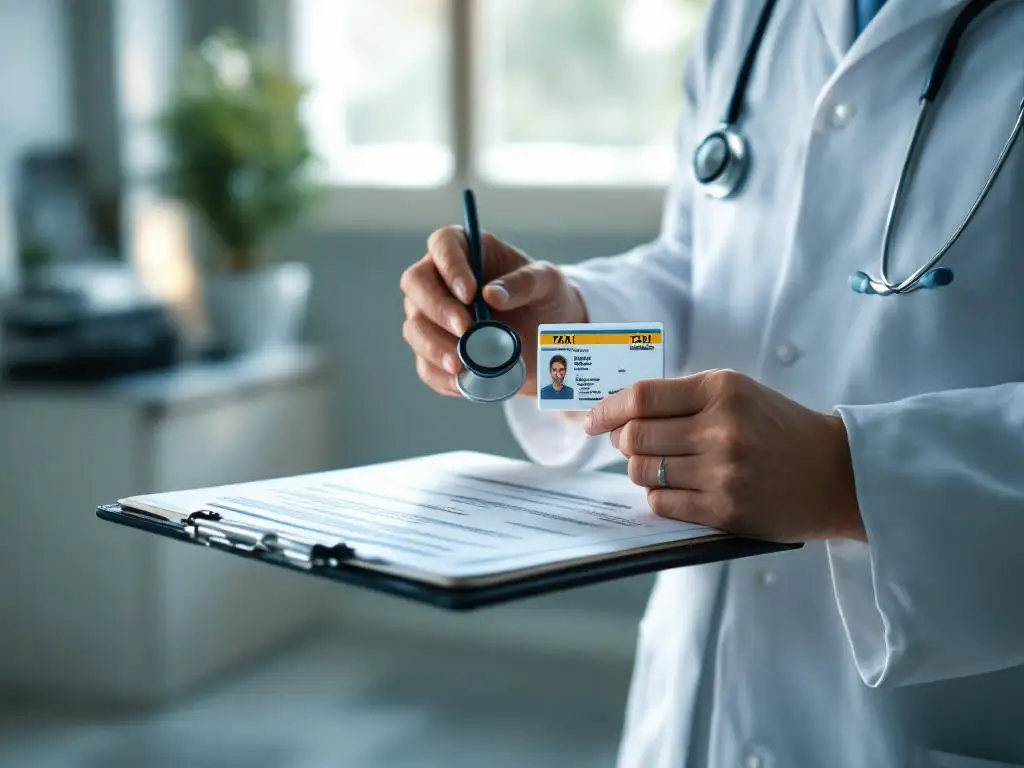 Dokter in witte jas onderzoekt taxichauffeur rijbewijs met stethoscoop en medische formulieren in moderne praktijk