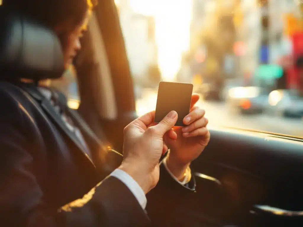 Freelancer houdt openbaar vervoer kaart vast in taxi met laptop tas, stadsgebouwen op achtergrond, warme middaglicht