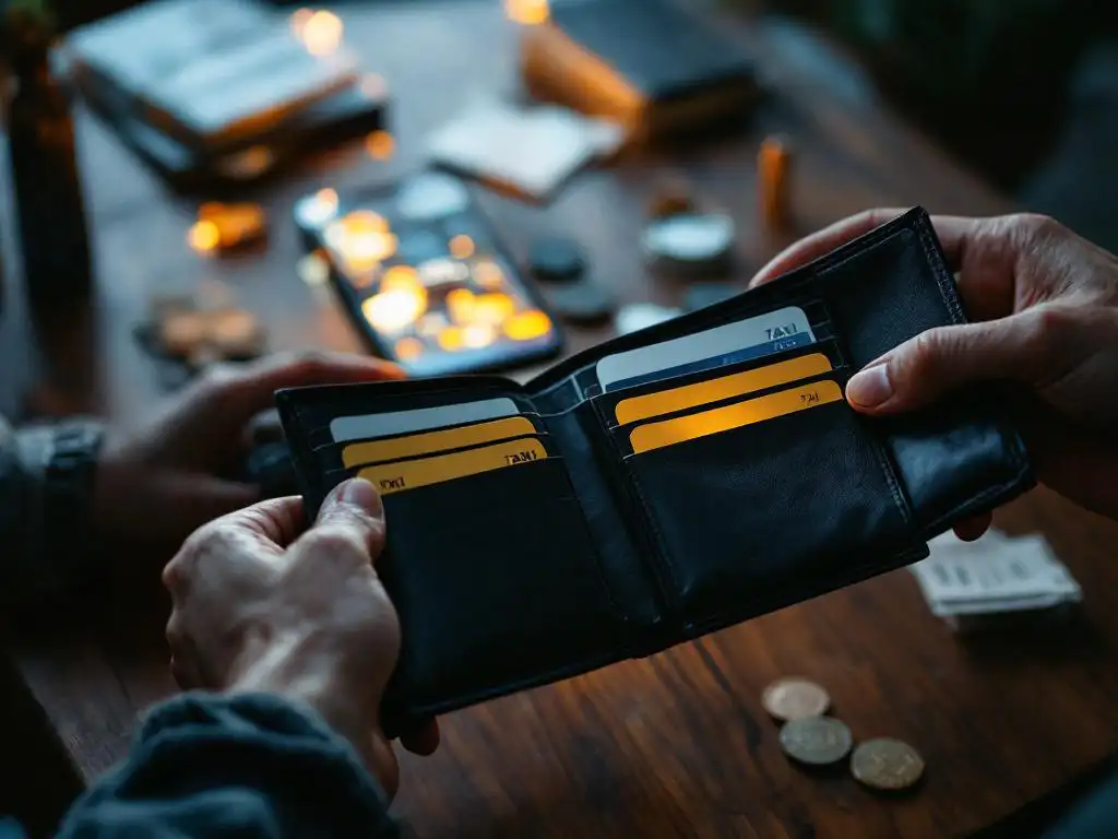 Open portemonnee in hand toont lege kaartsleuven, losse munten op tafel, taxi-app op smartphone op achtergrond