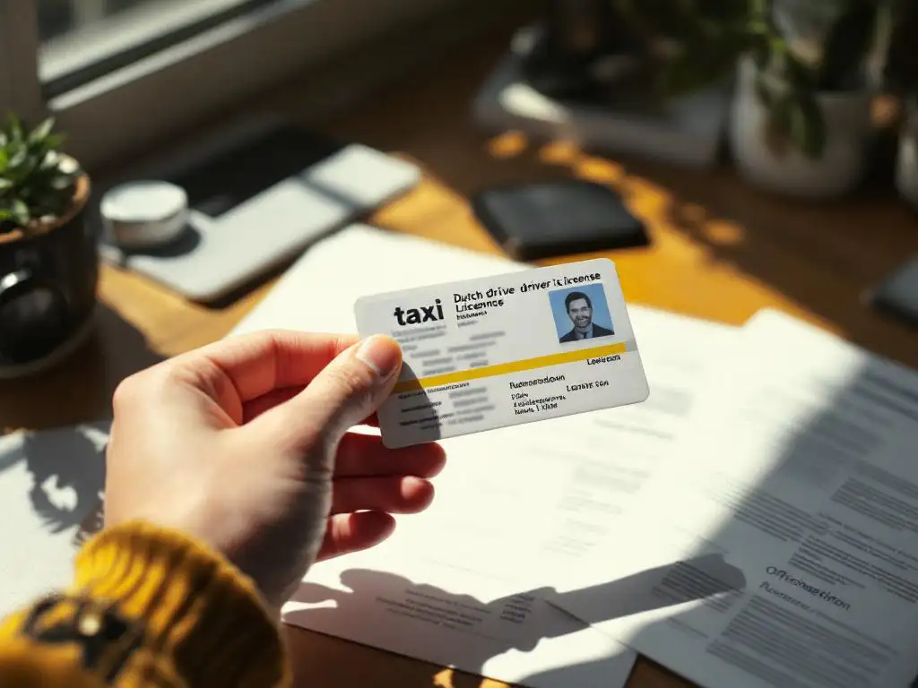 Hand houdt Nederlandse taxichauffeur vergunning vast boven vernieuwingsdocumenten op bureau bij raam