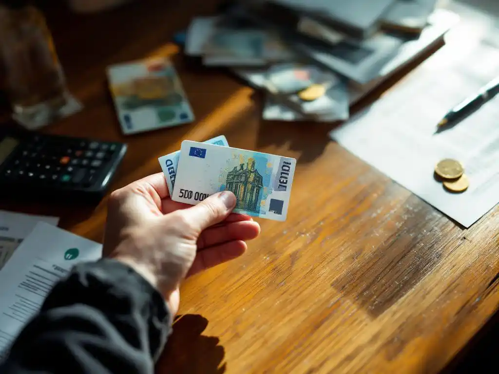 Hand houdt Nederlandse taxipas vast terwijl eurobiljetten worden geteld op houten tafel met rekenmachine en documenten
