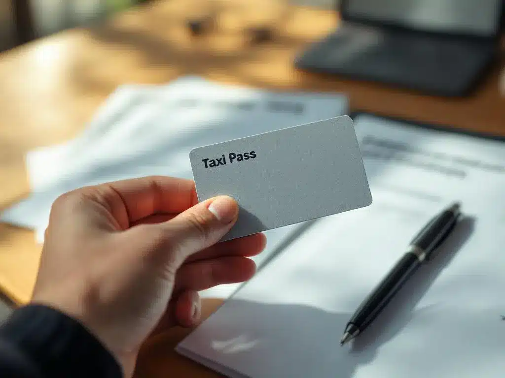 Hand houdt Nederlandse taxipas vast boven aanvraagformulieren en documenten op houten bureau met pen