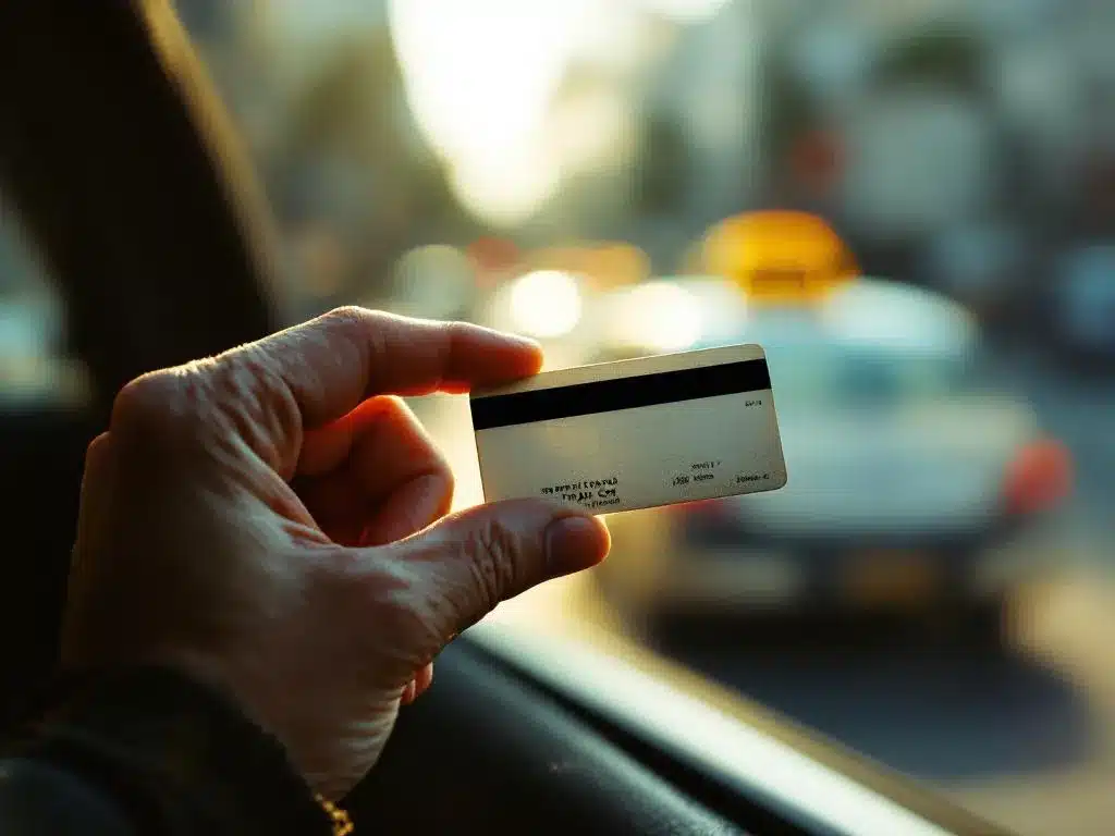 Verweerde hand houdt plastic ov-chipkaart vast in gouden licht, taxi wazig op achtergrond