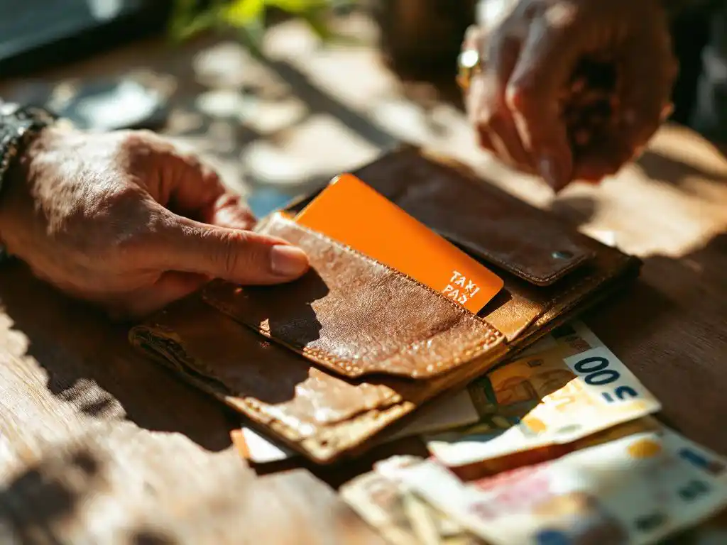 Hand houdt versleten leren portemonnee met oranje taxipas vast, eurobiljetten op houten tafel in daglicht
