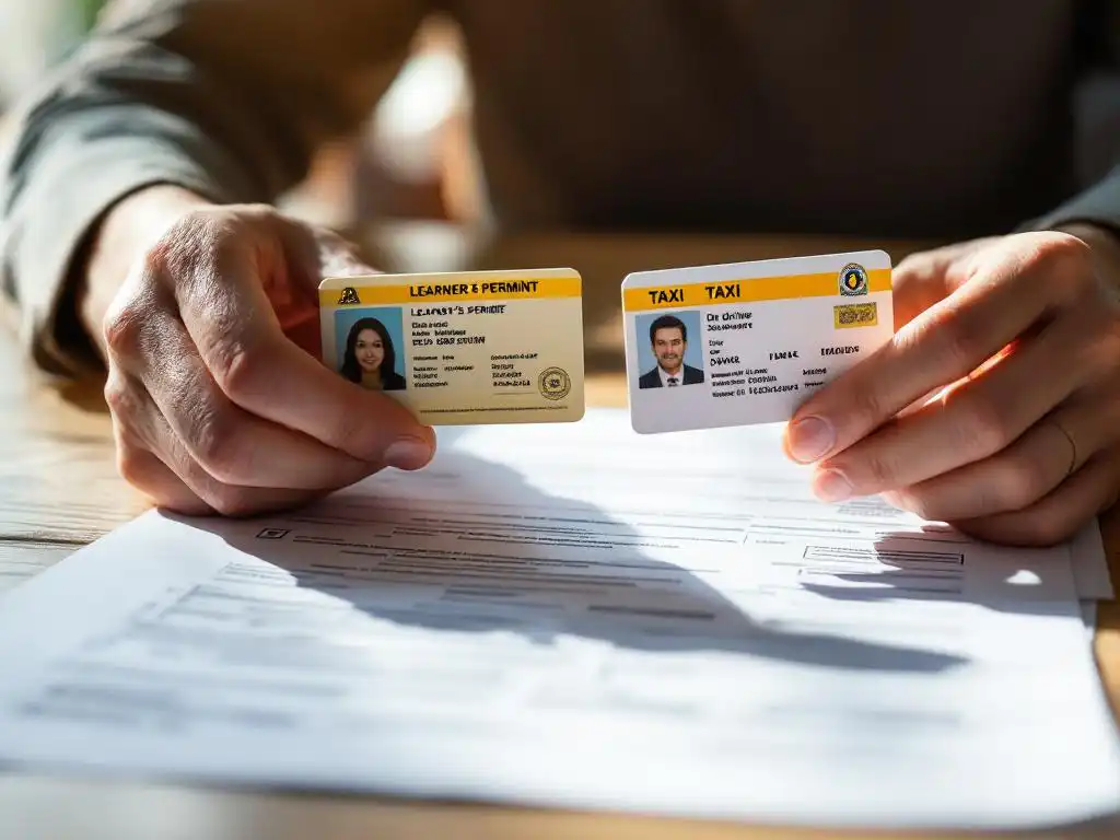 Handen houden rijbewijs voor beginners en taxichauffeur identificatiekaart boven aanvraagformulieren op houten bureau