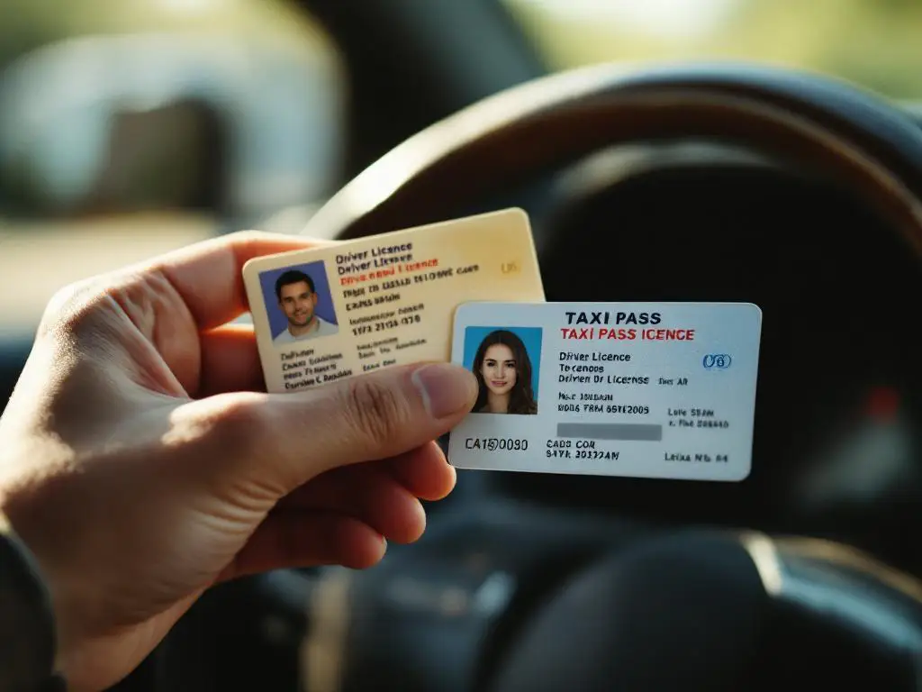 Hand houdt rijbewijs en digitale taxipas vast tegen autodashboard achtergrond met natuurlijk licht