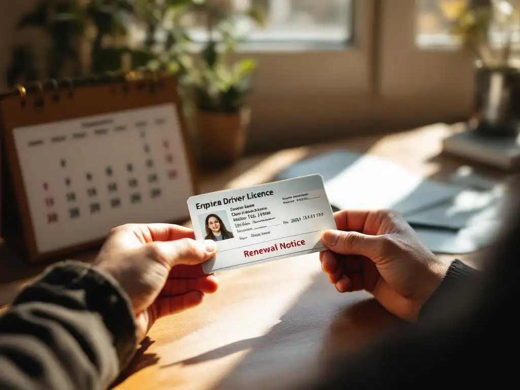 Handen houden verlopen rijbewijs en verlengingsbrief op houten bureau met kalender, natuurlijk licht door raam