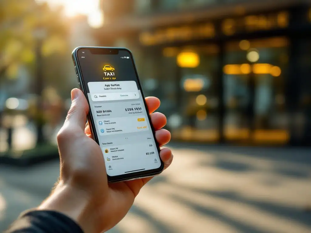 Hand houdt smartphone vast met taxi-app interface voor gemeentelijk gebouw met glazen ingang