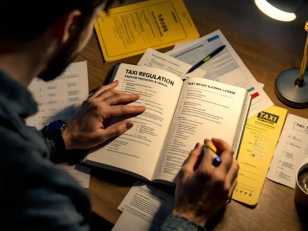 Student bestudeert intensief taxi-regelgeving handboek met oefentoetsen en koffie op houten bureau