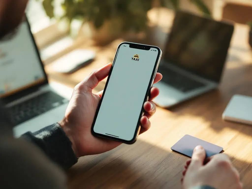 Hand houdt smartphone met taxi-app vast op houten bureau naast laptop en taxipas, natuurlijk licht door raam