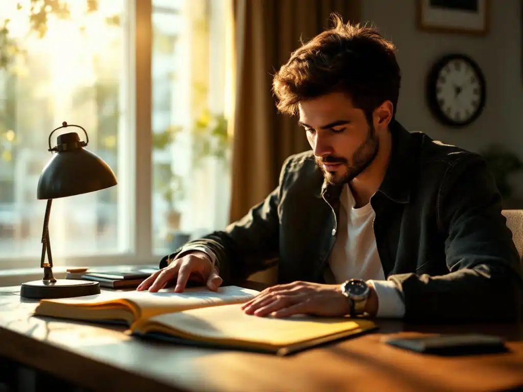 Student bestudeert taxichauffeur certificeringshandboek met gele taxi licentie certificaat op houten bureau in gouden licht