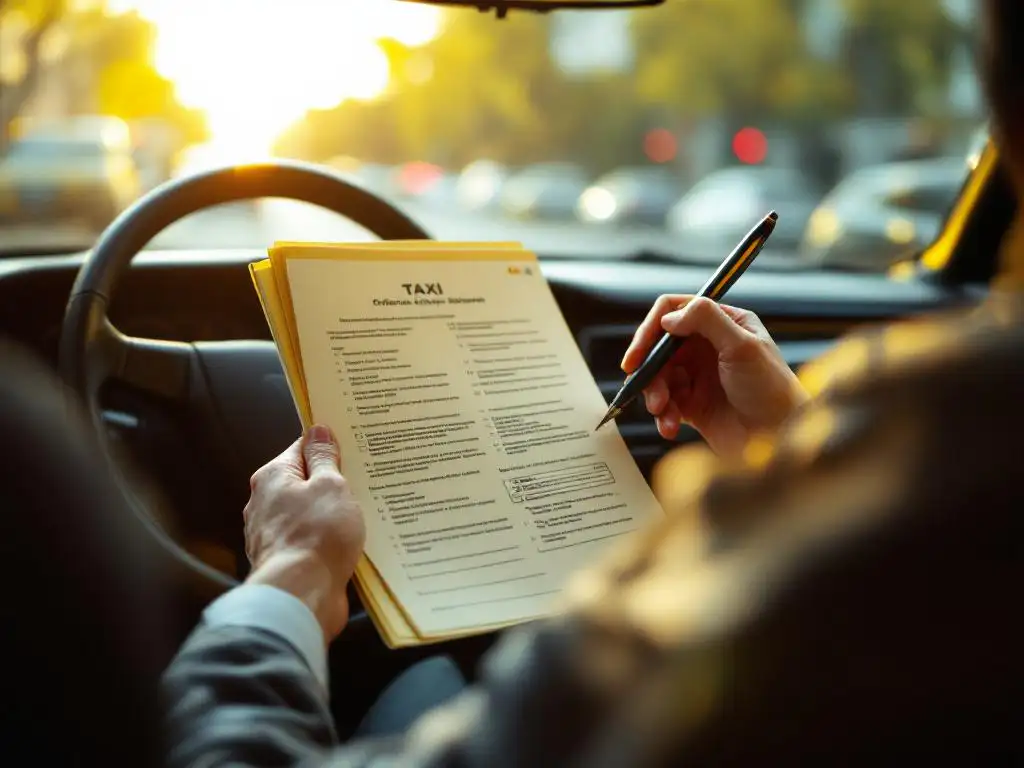 Taxichauffeur houdt officieel examenbundel vast in gele taxi, stuur en dashboard zichtbaar op voorgrond