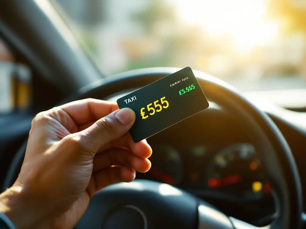 Taxichauffeur houdt taxi-pas vast terwijl hij stuur vastgrijpt, digitale verdiensten-meter zichtbaar op dashboard