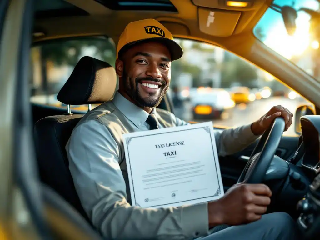 Professionele taxichauffeur in uniform toont taxi licentie certificaat in gele taxi op stadsstraat