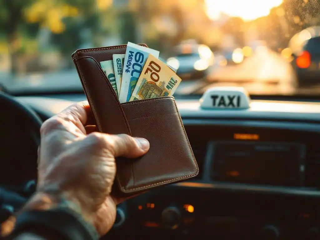 Taxichauffeur toont open leren portemonnee met eurobiljetten en taxilicentie op autodashboard