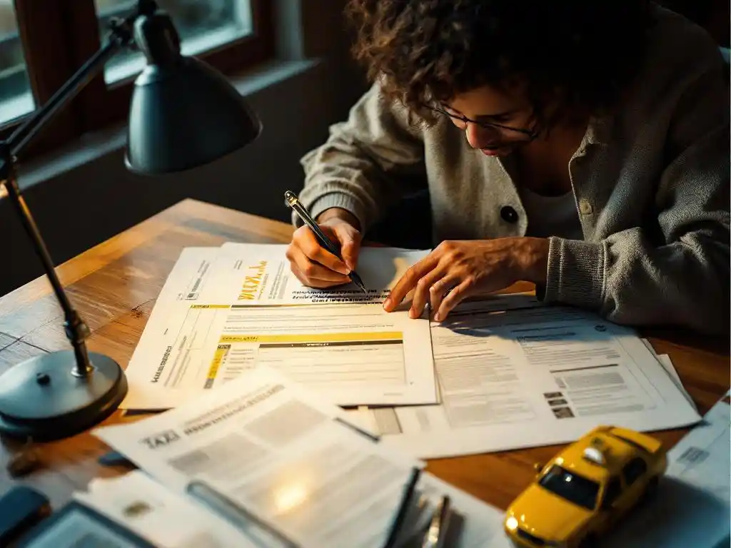 Persoon bestudeert taxi regelgeving handboek aan houten bureau met certificeringsdocumenten en geel taxi speelgoedmodel