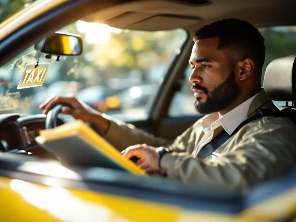 Professionele taxichauffeur in uniform bestudeert trainingshandboek in gele taxi met GPS-apparatuur op dashboard