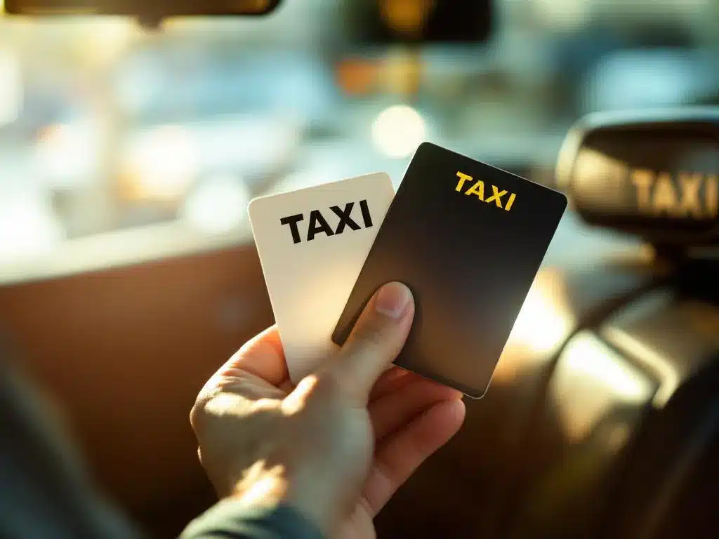Taxichauffeur toont witte taxipas en donkere chauffeurlicentie in taxi-interieur met zonneschijn door raam