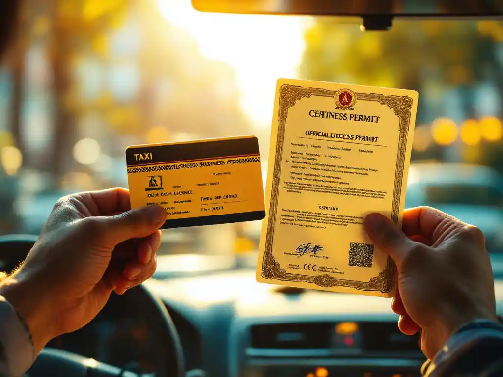 Taxichauffeur toont taxi vergunning en bedrijfslicentie boven dashboard met gele taximeter op achtergrond