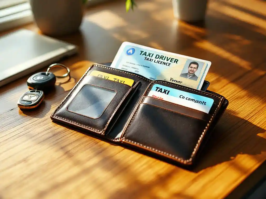 Open leren portemonnee met chauffeurs-licentie en taxivergunning naast autosleutels op houten bureau in zonlicht