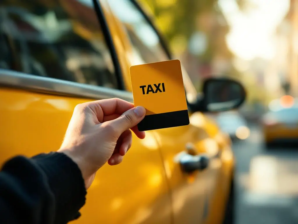 Hand houdt taxi-pasje vast en grijpt gele taxi-deurgreep, stadsstraat op achtergrond, warme middagverlichting