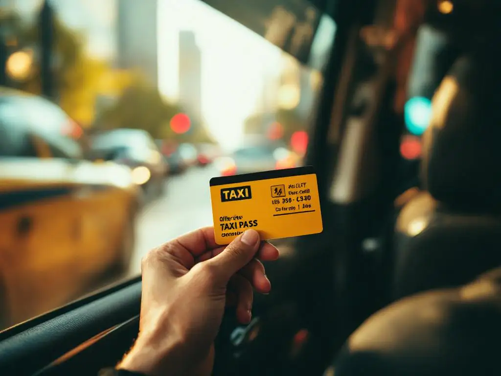 Hand houdt taxi pasje vast in achterbank van taxi, stadslandschap vaag zichtbaar door raam