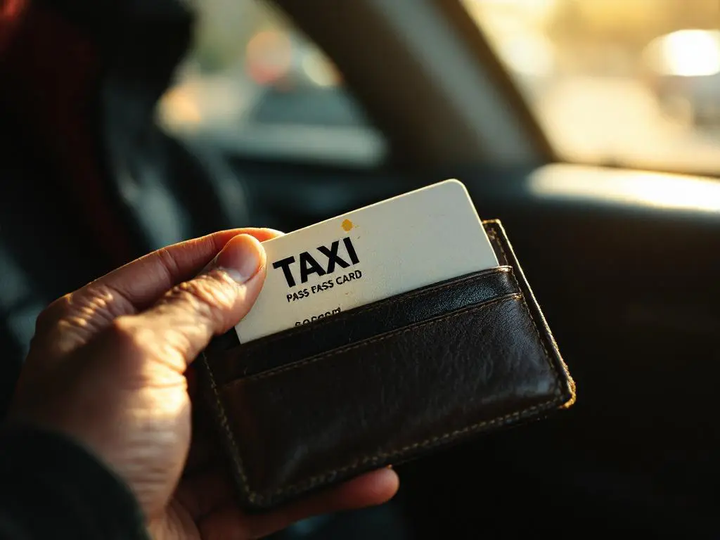 Verweerde hand houdt leren portemonnee met versleten taxipas in zonlicht vanuit autoraam