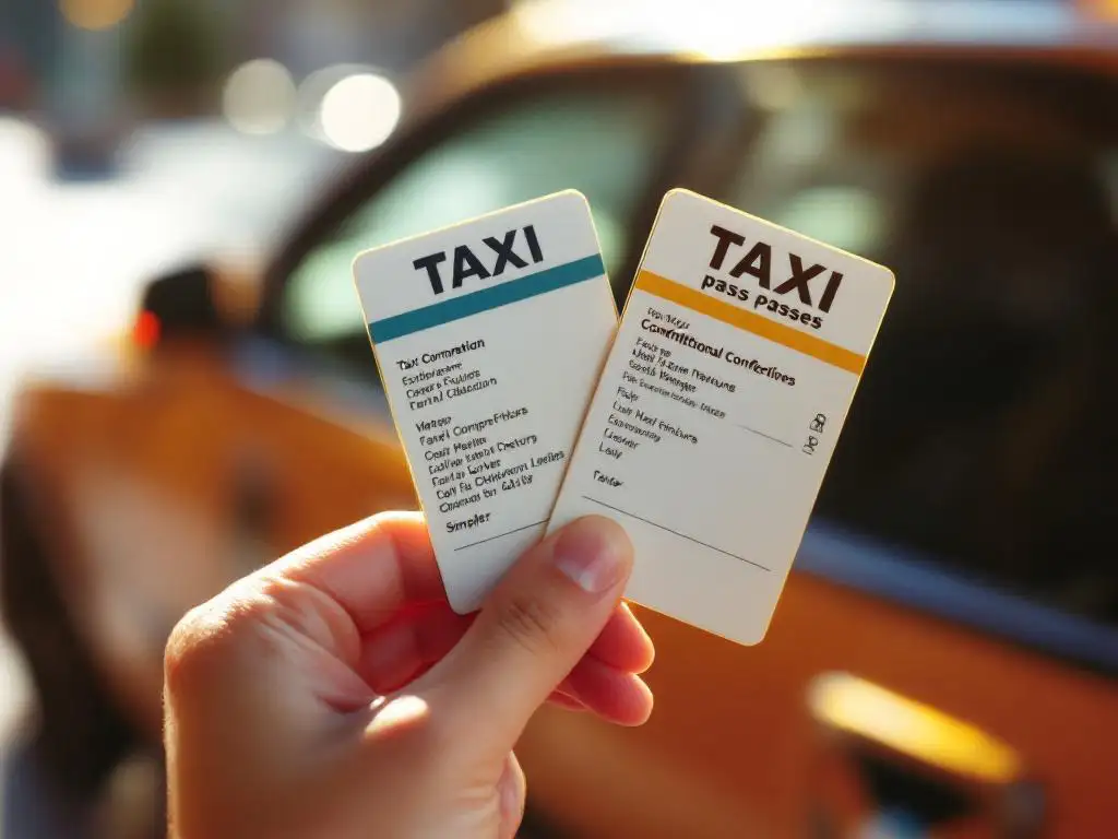 Hand houdt twee verschillende taxipassen vast tegen onscherpe taxideur achtergrond in warm middaglicht