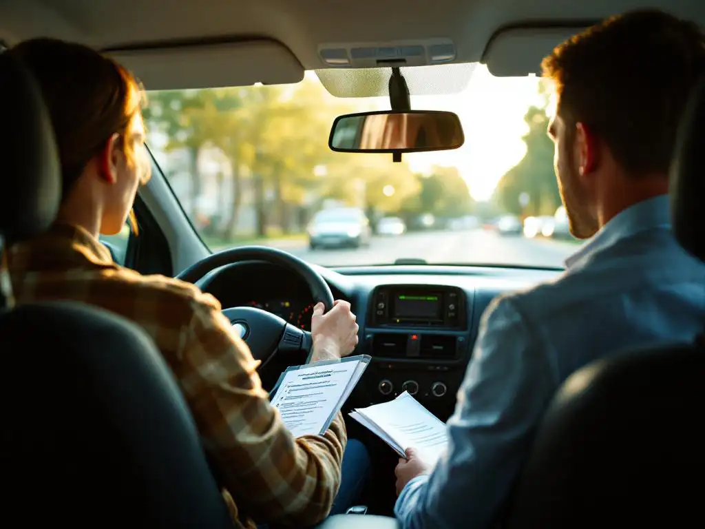 Nerveuze rijstudent achter stuur van taxi met instructeur die checklist vasthoudt, gefotografeerd vanuit achterbank