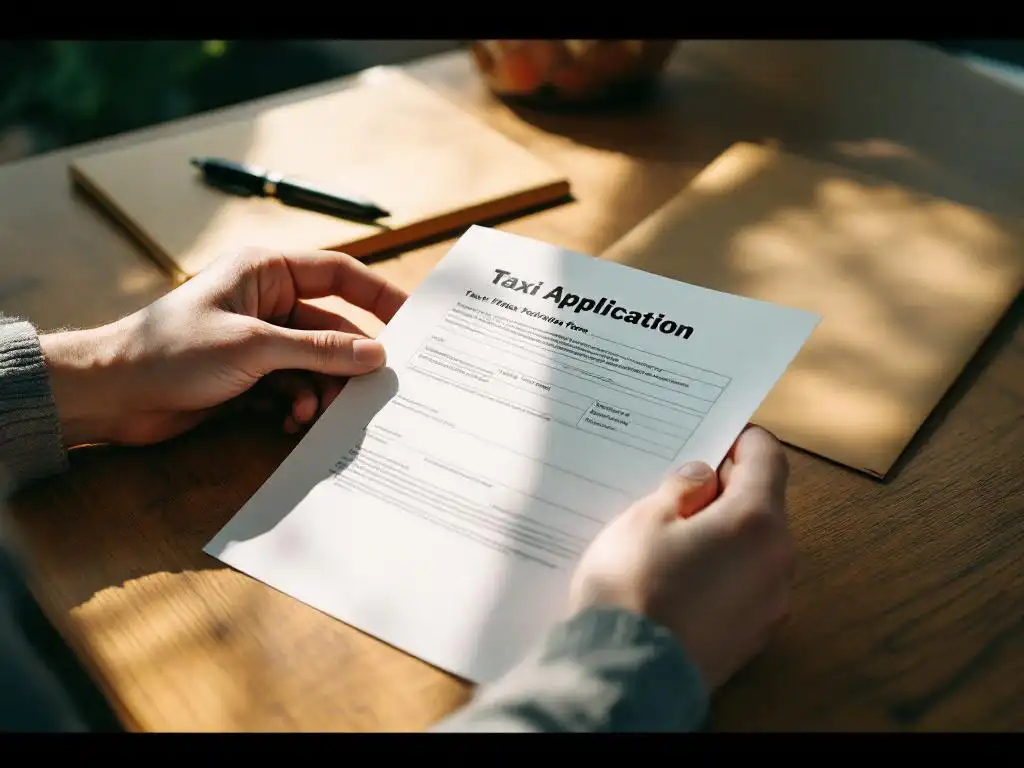 Hand houdt ingevuld taxipas aanvraagformulier vast op houten bureau met officiële envelop en pen