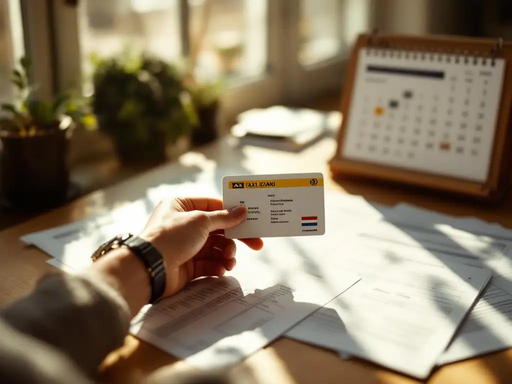 Hand houdt Nederlandse taxivergunning vast naast polshorloge, met officiële documenten en kalender op houten bureau