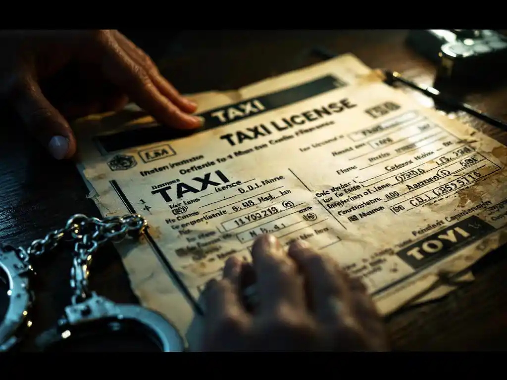 Versleten taxivergunning en handboeien op donker houten bureau, verlicht door kantoorverlichting met dramatische schaduwen