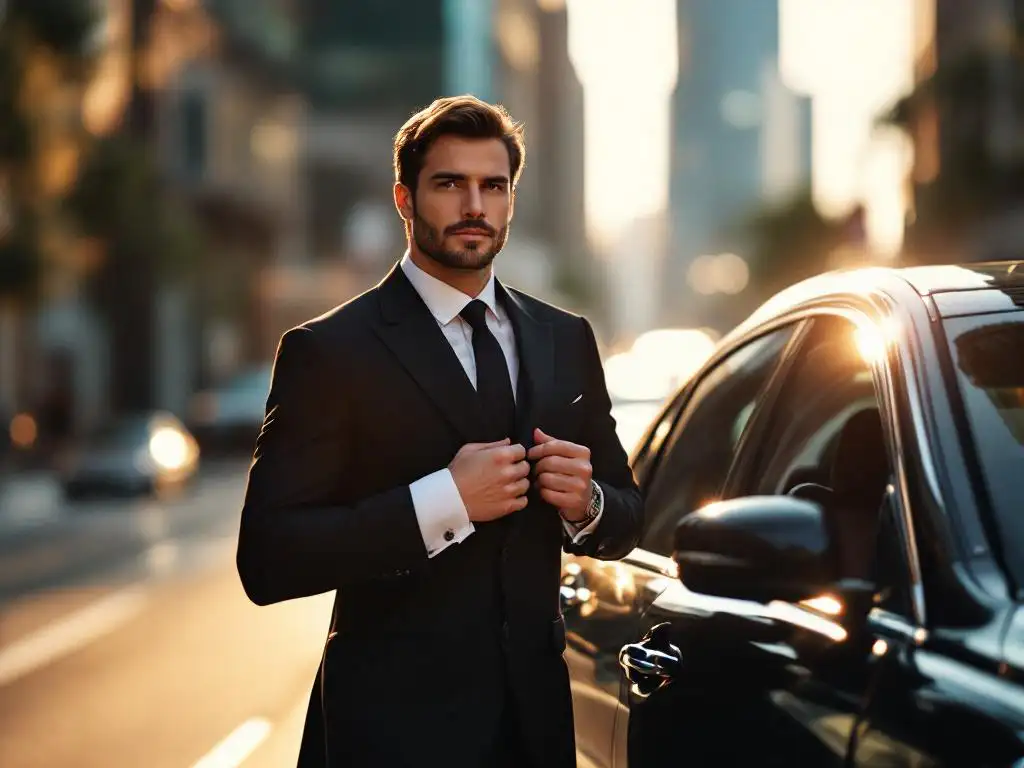 Professionele chauffeur in zwart pak naast luxe sedan met leren interieur, stadsachtergrond bij gouden uur