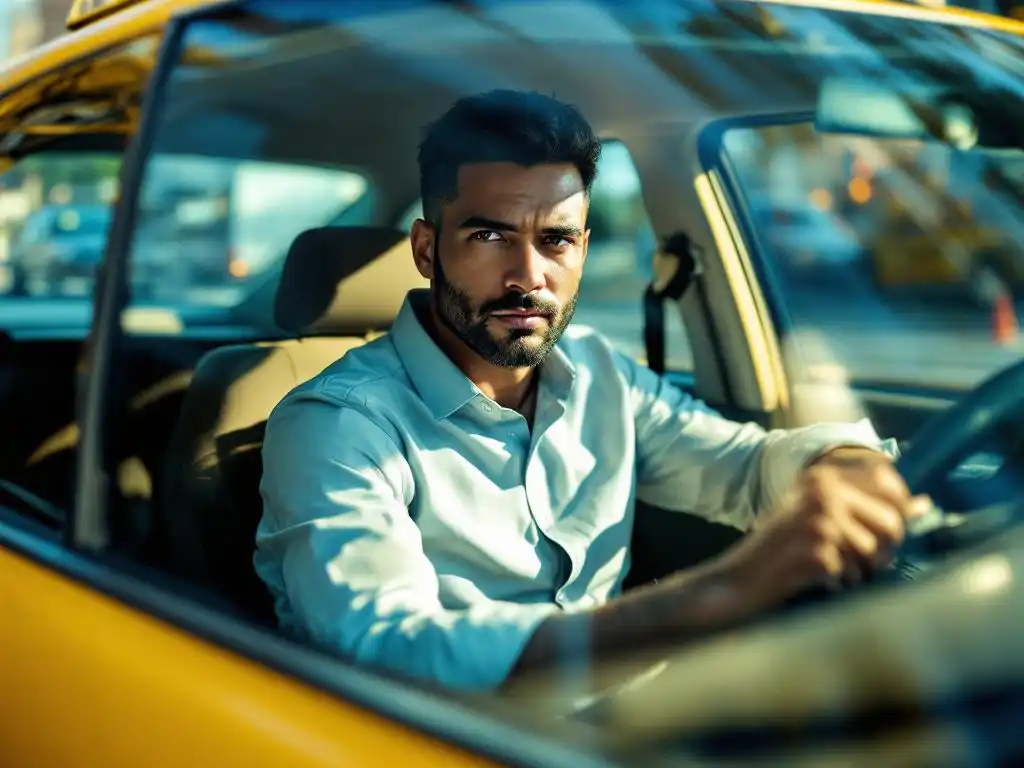 Professionele taxichauffeur zit achter het stuur van gele taxi, met certificaten op dashboard en stadsstraat op achtergrond