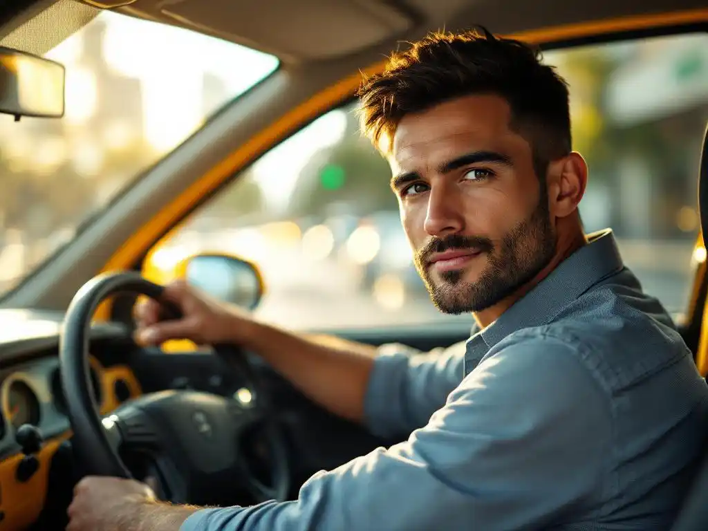 Professionele taxichauffeur zit achter het stuur van gele taxi, stadsgezicht op achtergrond, natuurlijk licht