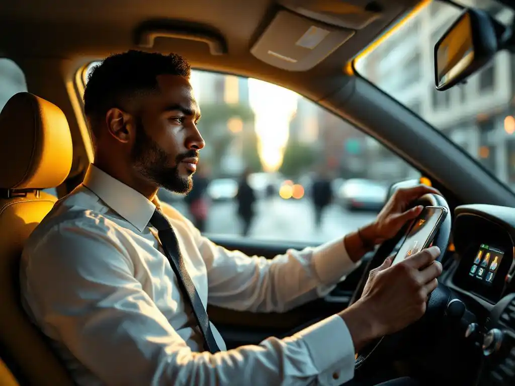 Professionele taxichauffeur in gele taxi met smartphone-app voor ritverzoeken, stadsachtergrond tijdens gouden uur