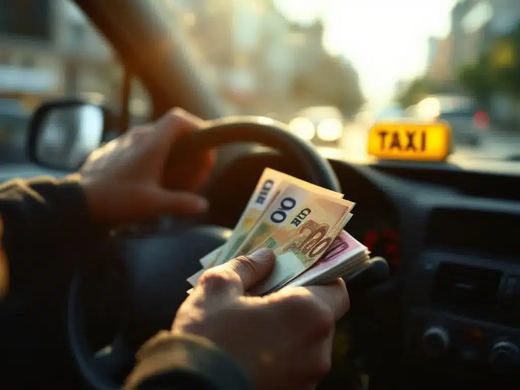 Taxichauffeur telt eurobiljetten op dashboard naast gele taximeter, handen aan stuur, zonlicht door voorruit