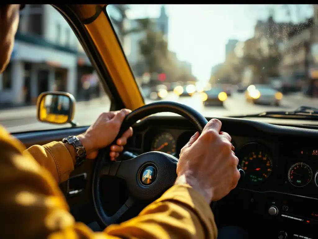 Taxichauffeur houdt stuur vast in gele taxi, kilometerteller toont hoge kilometerstand, versleten leren stoel zichtbaar