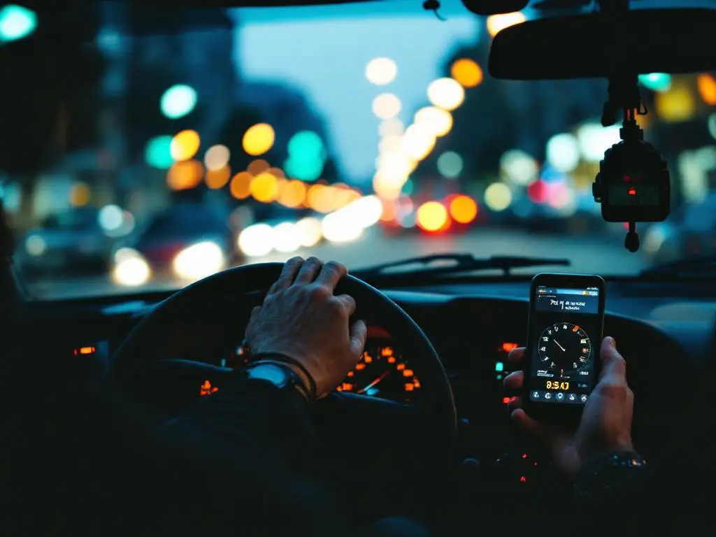 Taxichauffeur houdt stuur vast tijdens nachtdienst, dashboard toont late uren, stadsverlichting zichtbaar door voorruit