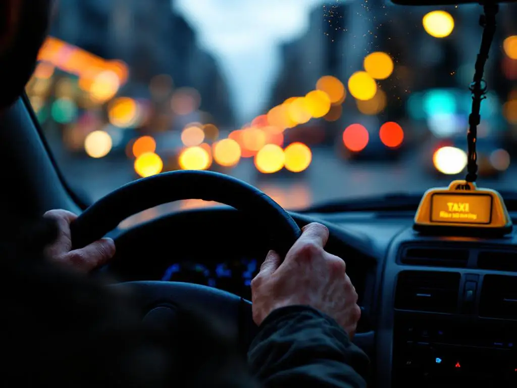 Taxichauffeur houdt stuur vast met smartphone app op dashboard, gele taximeter zichtbaar, stadslichten op achtergrond