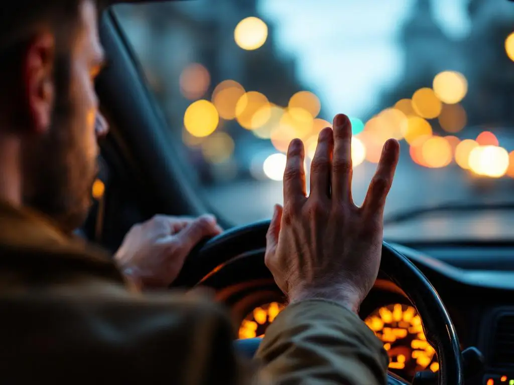 Taxichauffeur maakt stopgebaar met hand op stuur, gezien vanuit passagiersstoel met stadsverlichting op achtergrond
