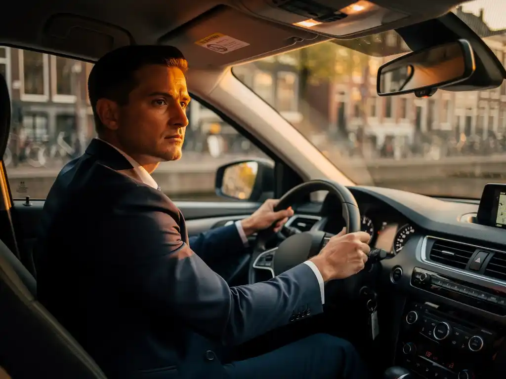 Taxichauffeur in donker jasje achter het stuur van een moderne taxi, Amsterdamse straten zichtbaar door de voorruit tijdens het gouden uur.
