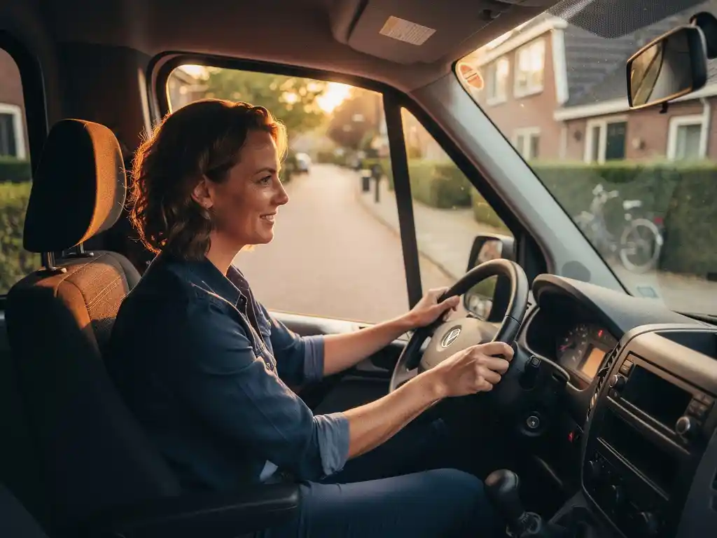 Nieuwe chauffeur achter het stuur van een schoolbus, instructeur naast zich, rustige Nederlandse woonwijk zichtbaar door de voorruit in goudkleurig ochtendlicht.