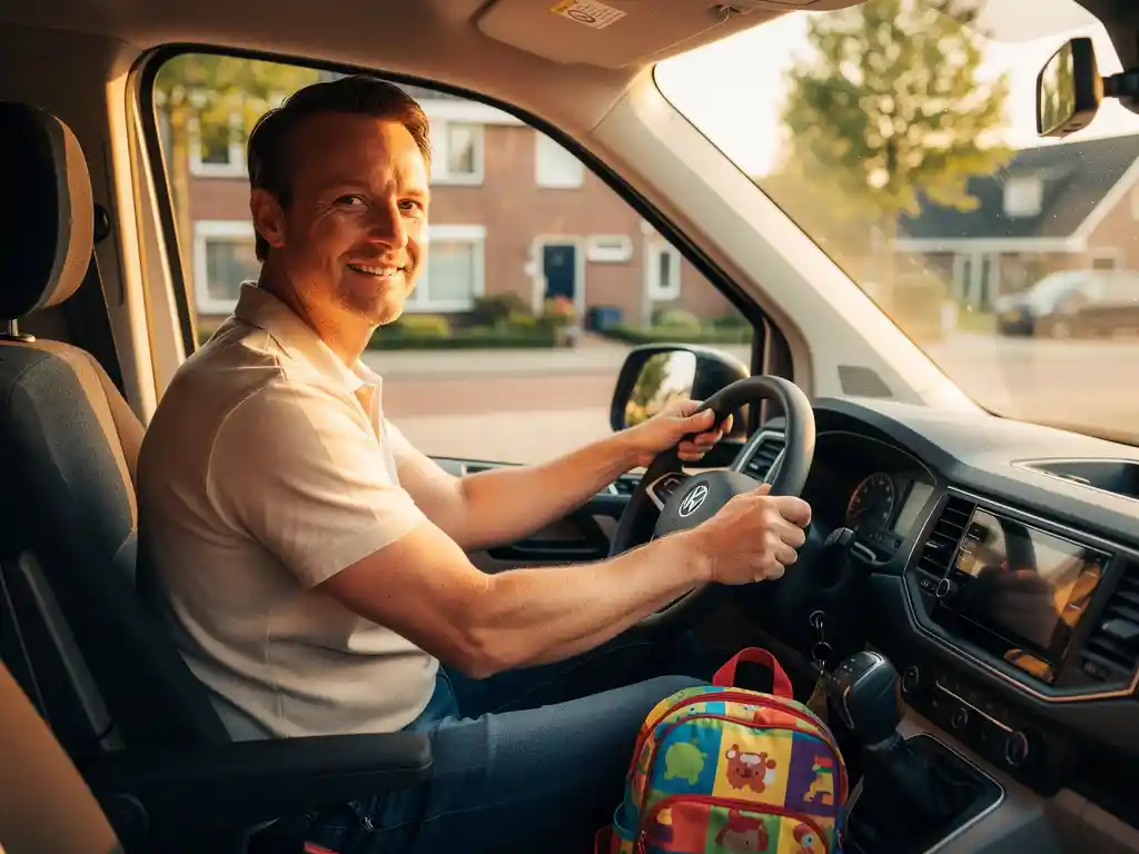 Vrolijke busbestuurder in poloshirt achter het stuur van een minibus, kleurrijke kinderrugzak op bijrijdersstoel, Nederlandse woonwijk op achtergrond.
