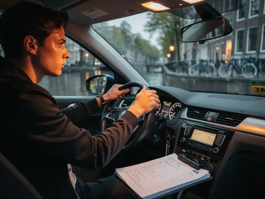 Nerveuze taxichauffeur op eerste werkdag achter het stuur in moderne Nederlandse taxi, looncontract op passagiersstoel, Amsterdamse grachten zichtbaar.