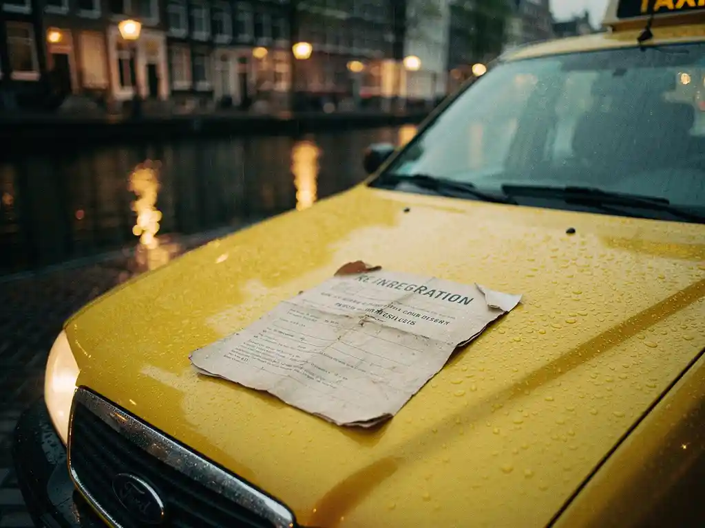 Gele Amsterdamse taxi op natte straat met re-integratiedossier op de motorkap, Amsterdamse grachtenarchitectuur op de achtergrond.