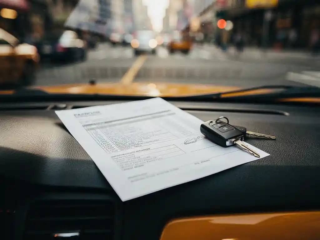 Looncontract op het dashboard van een taxi naast autosleutels, met een stadsstraat zichtbaar door de voorruit.