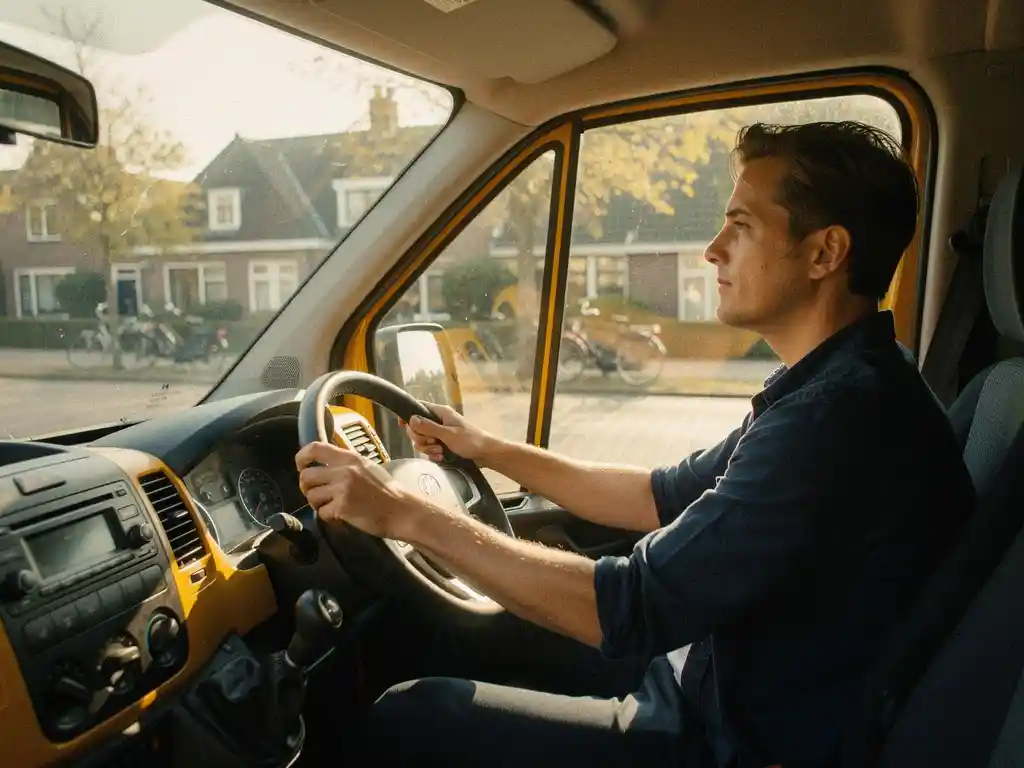 Nieuwe chauffeur achter het stuur van een gele schoolbus, blik gericht op de weg, warm ochtendlicht, wazige Nederlandse straat op de achtergrond.